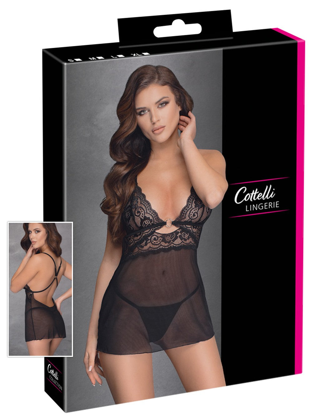 Nuisette noire en dentelle et résille transparente avec string