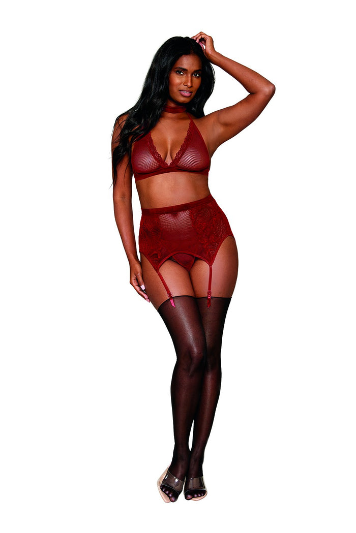 Ensemble 4 pièces soutien gorge, tour de cou, string et porte jarretelles rouge