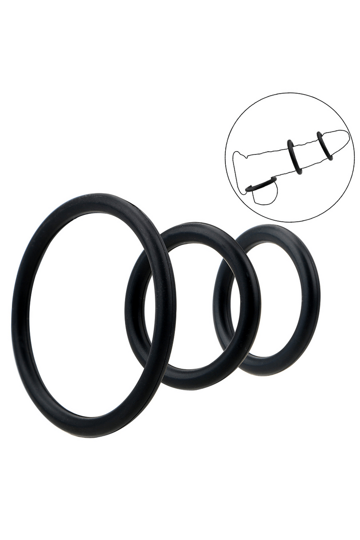 Trio d'Anneaux Péniens Silicone Noir Pocket Pleasure + 1 dosette de lubrifiant