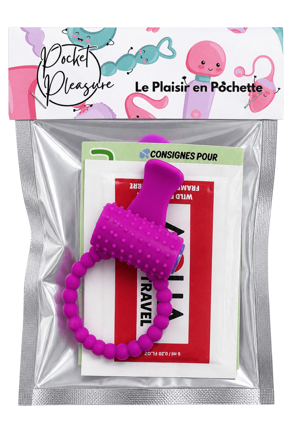 Anneau violet vibrant silicone avec langue picot Pocket Pleasure + 1 dosette de lubrifiant