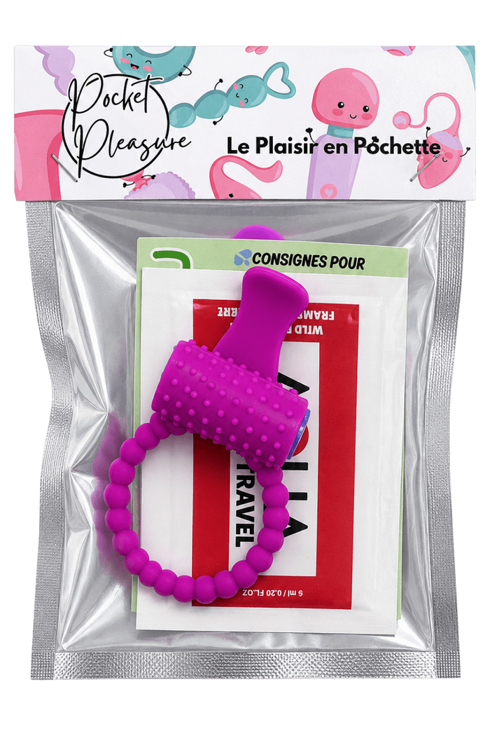 Anneau violet vibrant silicone avec langue picot Pocket Pleasure + 1 dosette de lubrifiant