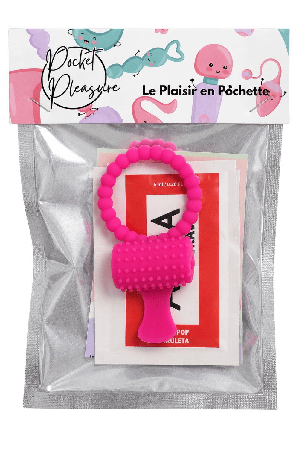Anneau rose vibrant silicone avec langue picot Pocket Pleasure + 1 dosette de lubrifiant
