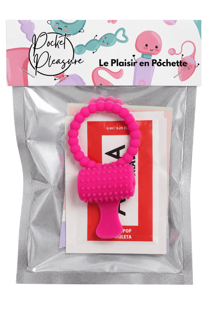 Anneau rose vibrant silicone avec langue picot Pocket Pleasure + 1 dosette de lubrifiant
